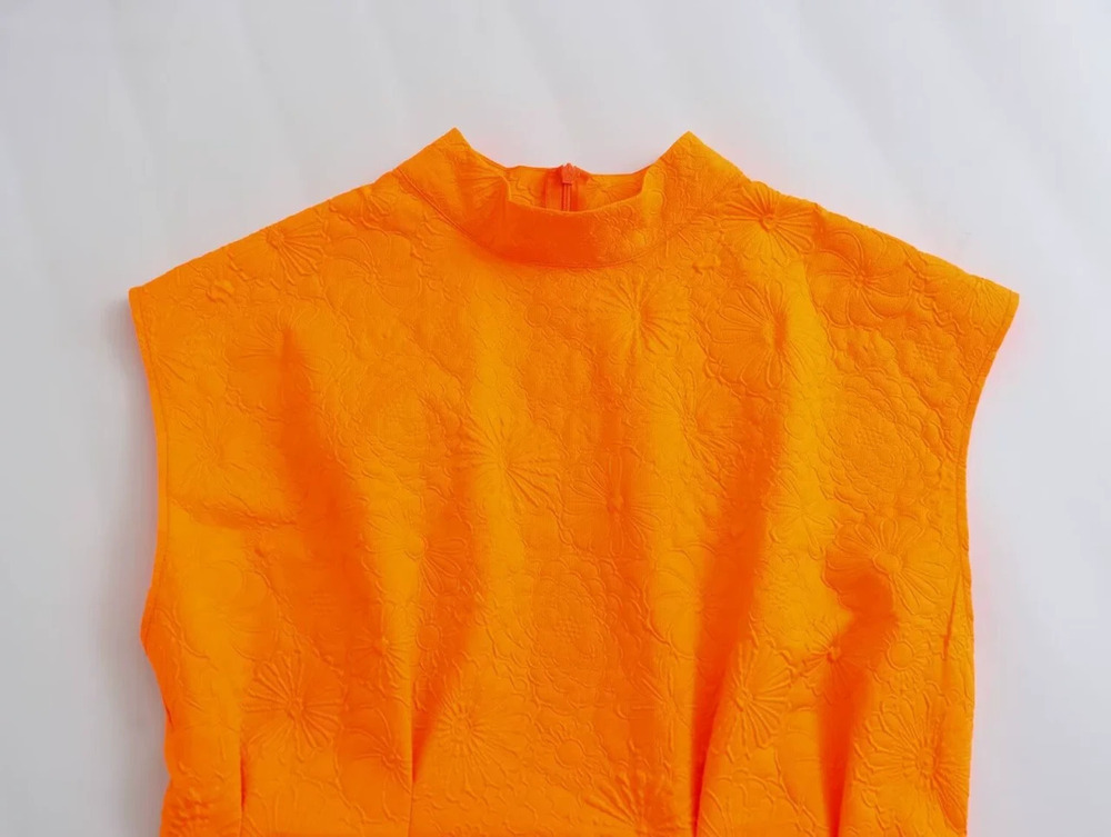 ZARA Heather Orange Embossed Sleeveless Slim Fit Waisted Dress